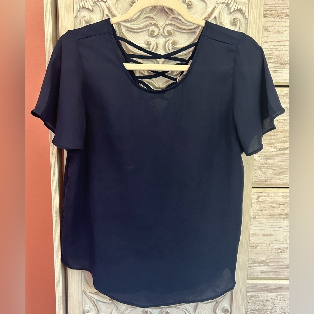 Navy blue semi-sheer short flutter sleeve top with crisscross strap detail SZ MD